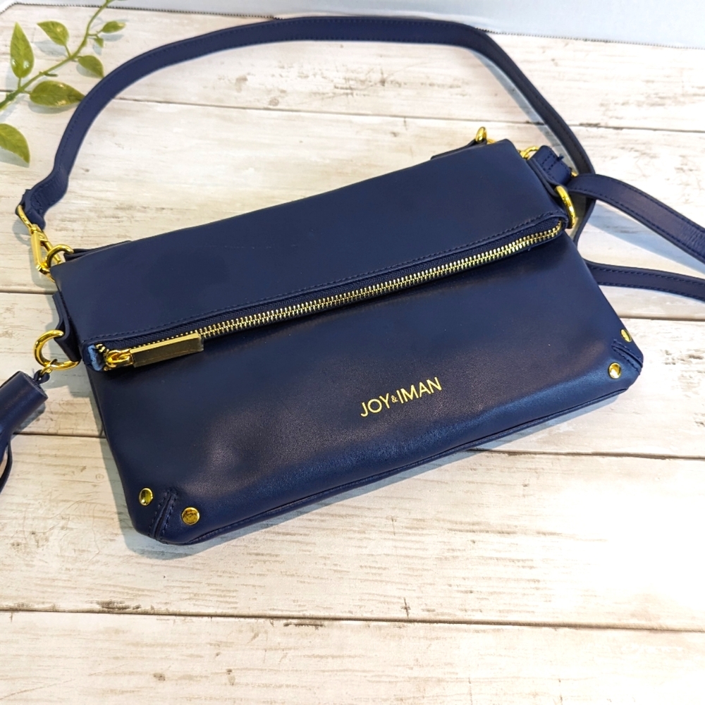 NEW JOY & IMAN Tassel Chic Foldable Leather Crossbody with RFID Navy